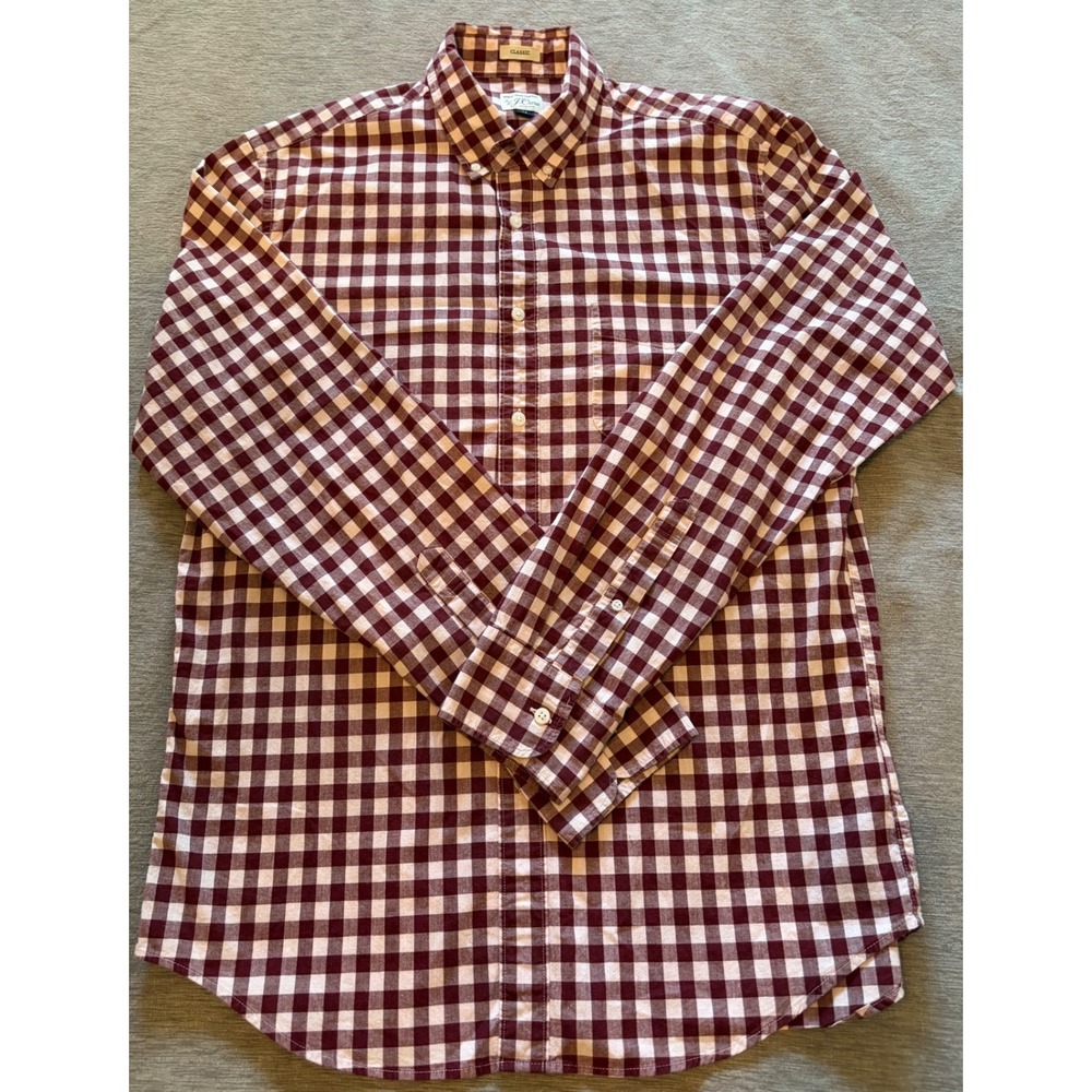J.Crew Mens Secret Wash Stretch Shirt Classic Fit Burgundy Gingham Check Medium